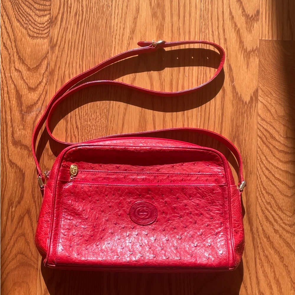 Vintage Rare Gucci Red Ostrich Leather Messanger Purse Shoulder Bag